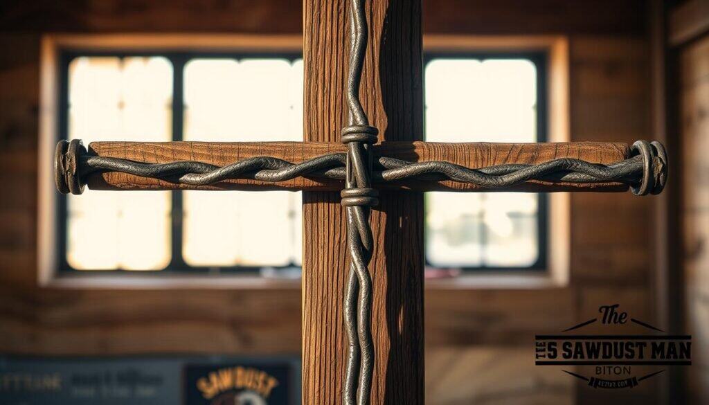A tightly-welded steel rebar cross, its rough-hewn texture contrasting with the smooth, weathered wood of the cross-shaped frame. The steel intersects at the center, casting dramatic shadows across the reclaimed wood surface. Soft natural light filters through a window, bathing the scene in a warm, rustic glow. The composition evokes a sense of strength, simplicity, and the harmonious union of industrial and natural elements. Branded with "The Sawdust Man" logo.