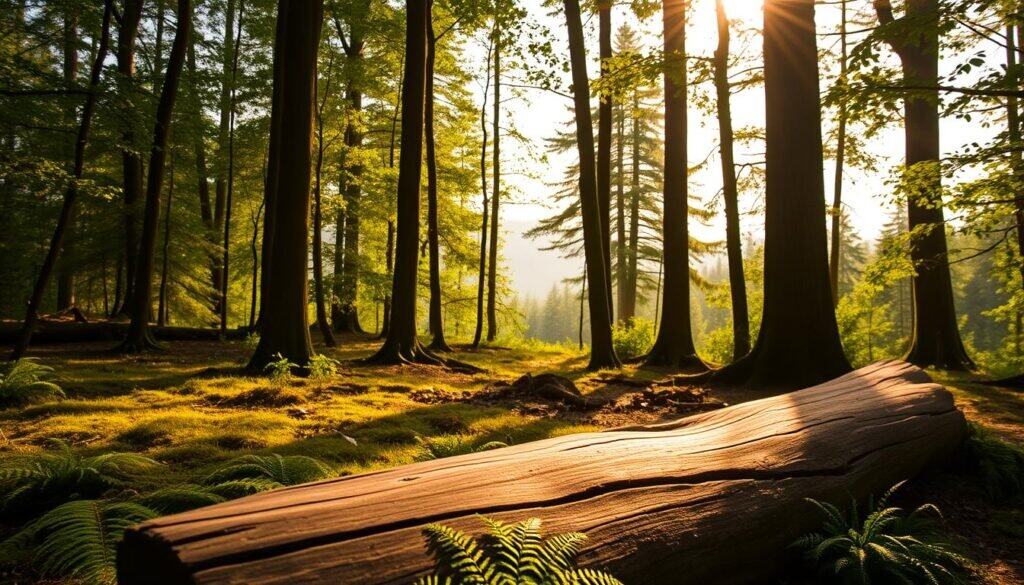 A tranquil forest glade, bathed in warm, golden sunlight filtering through the canopy of lush, verdant foliage. In the foreground, a smooth, weathered log sits invitingly, its natural grain patterns and rich, earthy tones drawing the eye. Surrounding it, a soft bed of moss and ferns carpet the forest floor, adding to the sense of serene, natural harmony. In the middle ground, elegant, slender tree trunks rise up, their bark textures varied and captivating. The background reveals a distant treeline, hazy and dreamlike, creating a sense of depth and seclusion. The overall scene conveys a profound tranquility and a deep connection to the natural world.