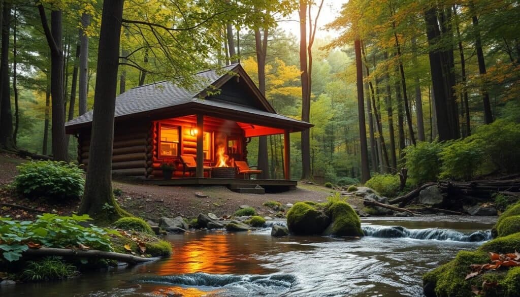 A tranquil forest scene with a cozy wooden cabin nestled amidst lush greenery. The cabin's warm, earthy tones are illuminated by natural light filtering through the canopy of trees. In the foreground, a small stream flows gently, its reflections dancing across the surface. Wisps of steam rise from a rustic fireplace, suggesting the cabin's comforting energy. The background features a tapestry of vibrant foliage, hinting at the restorative power of nature. The entire composition exudes a sense of harmony and balance, showcasing the science behind nature's ability to revitalize the human spirit.