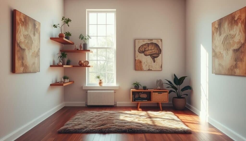A tranquil, minimalist room with warm, natural lighting filtering through large windows, revealing a thoughtfully curated space. Floating shelves showcasing an array of plants, crystals, and artful objects create a serene, contemplative atmosphere. The walls are adorned with abstract, textural paintings, hinting at the psychological complexities of our relationship with our surroundings. The hardwood floor is complemented by a plush, earthy-toned rug, inviting visitors to pause and reflect. A sense of balance and harmony permeates the scene, suggesting the profound impact our living spaces can have on our mental well-being.