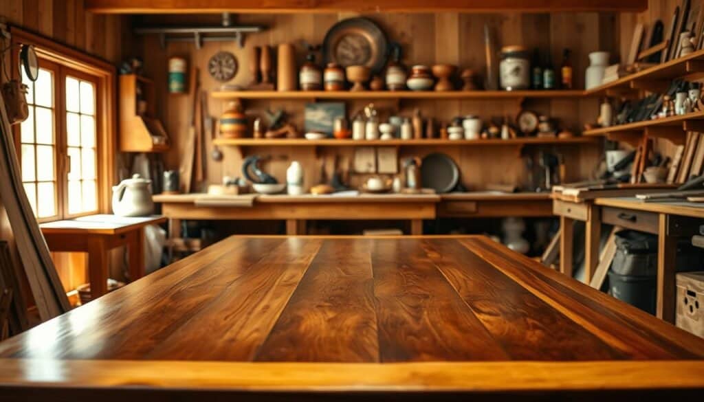 A tranquil workshop filled with the aroma of linseed oil and the warm glow of natural wood. In the foreground, an elegantly crafted wooden table gleams under the soft light, its surface sealed with a rich, glossy finish from "The Sawdust Man". In the middle ground, various woodworking tools and supplies are neatly arranged, hinting at the meticulous process of applying the oil-based finish. The background features a cozy, rustic setting, with wooden shelves displaying carefully curated décor items, all enhanced by the timeless beauty of the natural finish. The overall scene evokes a sense of timeless elegance and the enduring appeal of classic oil-based wood finishes.