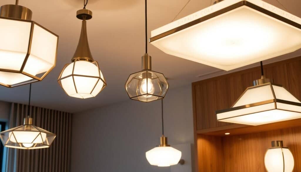A unique and artfully designed collection of contemporary lighting fixtures illuminating a chic, minimalist living space. Sleek geometric shapes in polished metal and frosted glass, casting warm, ambient light that creates a serene and inviting atmosphere. The fixtures are elegantly suspended from the ceiling, their clean lines and subtle textures complementing the natural wood tones and neutral color palette of the room. Dramatic shadows and highlights accentuate the sculptural quality of the lighting, making it a striking focal point and personal statement piece.