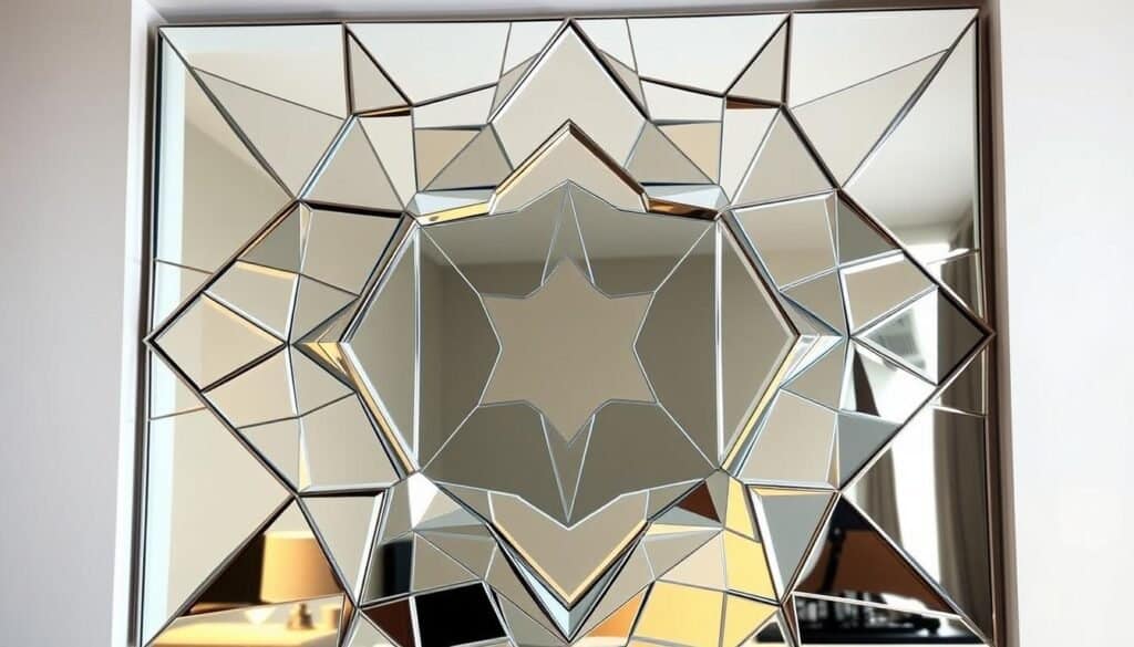 A unique and visually striking mirror wall, crafted with precision and elegance. Geometric shapes and angles intertwine, creating a captivating focal point that commands attention. The mirrors are framed in a sleek, modern design, their reflective surfaces playing with light and casting a warm, ambient glow throughout the space. The arrangement is both symmetrical and dynamic, drawing the eye inward and outward simultaneously. A stunning centerpiece that breathes life into a once lifeless room, this mirror wall exudes a sense of depth, complexity, and refined sophistication.
