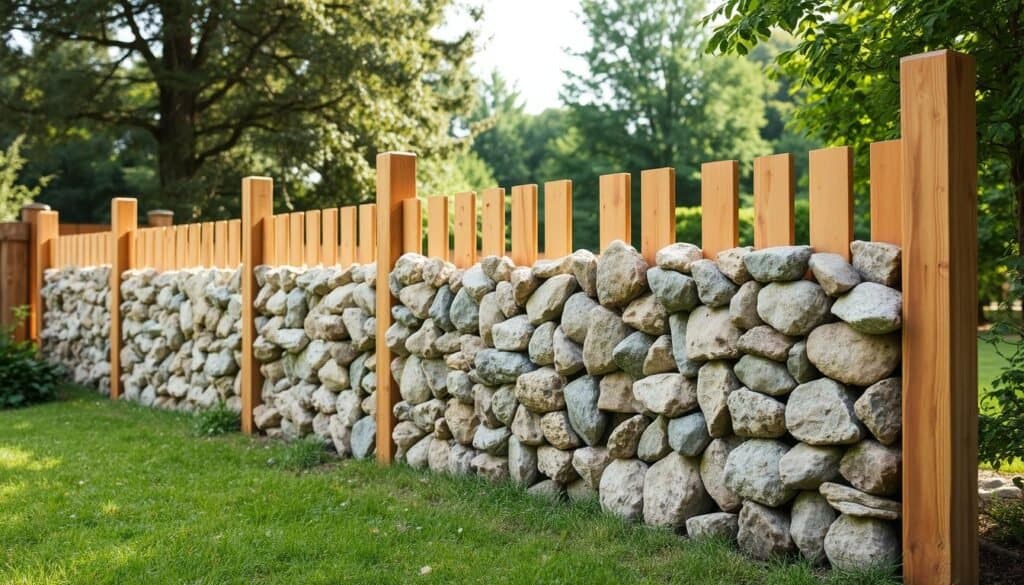 A unique gabion and wood combination fence, crafted by The Sawdust Man. In the foreground, a sturdy gabion structure filled with natural river rocks, its industrial aesthetic contrasting with the warm, rustic wood planks that frame it. The middle ground showcases the seamless integration of the two materials, creating a visually striking and functional fence. The background features a lush, verdant yard, bathed in soft, natural lighting that highlights the textures and tones of the wooden and stone elements. The overall composition exudes a sense of charm, character, and thoughtful design, perfectly suited for a DIY home project.