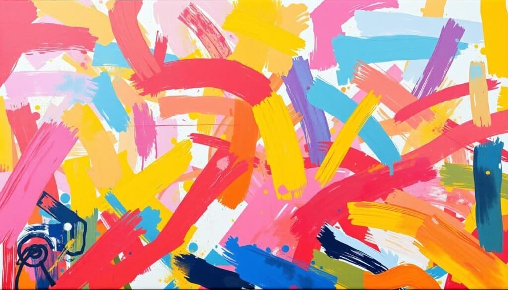 A vibrant, abstract canvas filled with expressive brushstrokes in a variety of hues. The composition features a harmonious blend of bold colors and fluid, textural elements that dance across the frame, creating a sense of movement and energy. The lighting is soft and diffused, accentuating the depth and dimensionality of the paint application. The perspective is slightly elevated, allowing the viewer to immerse themselves in the dynamic, tactile nature of the painting. The overall mood is one of playfulness, creativity, and a sense of artistic freedom, perfectly capturing the essence of abstract painting techniques for beginners.