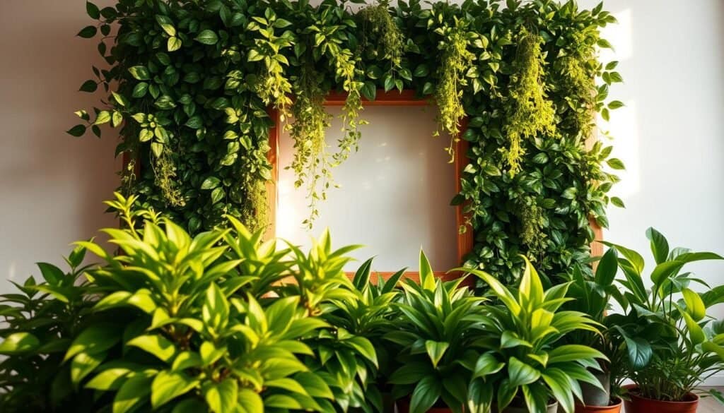 A vibrant and lush plant wall decoration, showcasing an array of verdant foliage in a captivating composition. The foreground features a diverse mix of thriving potted plants, their leaves cascading gracefully, creating a sense of depth and texture. The middle ground presents a sturdy, rustic wooden frame, providing a natural and warm backdrop to the verdant display. The background subtly blends into a softly lit, minimalist interior, allowing the plant life to take center stage. Warm, natural lighting bathes the scene, casting gentle shadows and highlighting the vibrant hues of the greenery. The overall atmosphere is one of tranquility and a harmonious integration of nature into the indoor environment.
