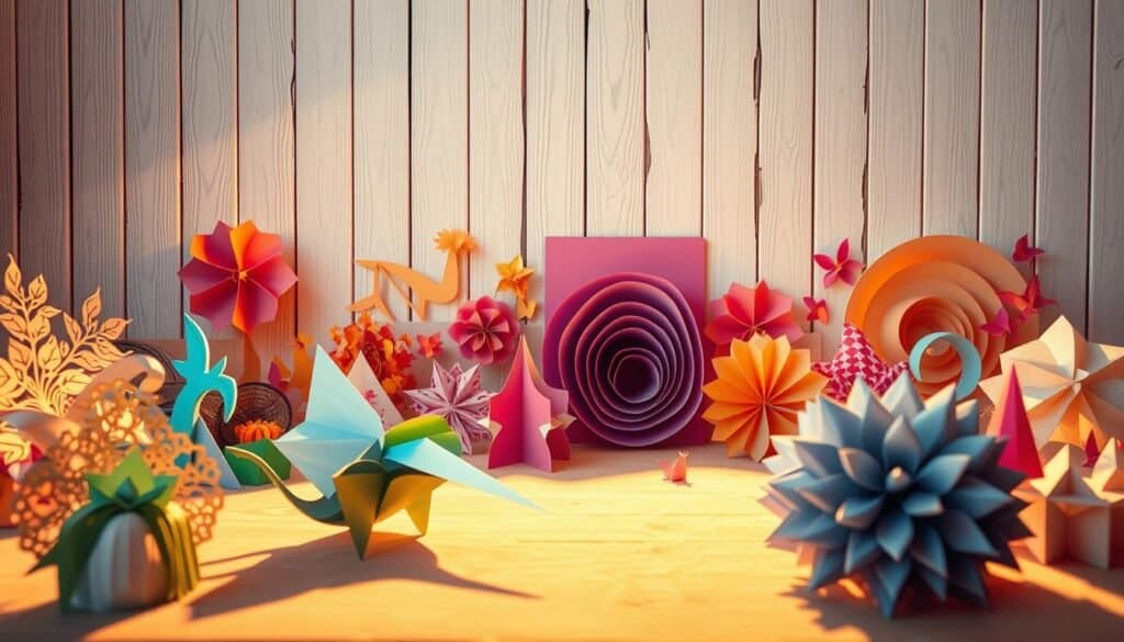 A vibrant and textural collage of paper art projects, captured in a beautifully lit studio setting. In the foreground, intricate paper sculptures and origami forms cast dynamic shadows, while in the middle ground, delicate paper cutouts and layered compositions create a sense of depth and movement. The background features a minimal, whitewashed wooden wall, allowing the vibrant hues and tactile nature of the paper works to take center stage. Warm, natural lighting from the side illuminates the pieces, highlighting their dimensional qualities and the subtle nuances of the various paper textures. The overall mood is one of creativity, craftsmanship, and a celebration of the versatility of this simple, yet captivating medium.