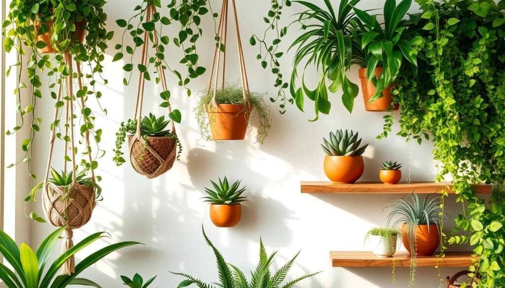 A vibrant arrangement of lush, verdant houseplants showcased in a variety of creative, visually striking displays. Trailing vines cascade gracefully from hanging macrame planters, while sculptural succulents and ferns fill sleek, minimalist terracotta pots atop floating wood shelves. Soft, warm lighting filters through the foliage, casting gentle shadows and highlighting the natural textures and hues of the plants. The overall scene exudes a sense of tranquility and organic harmony, inviting the viewer to imagine how such a display could breathe life and rejuvenate a stale living space. A vibrant arrangement of lush, verdant houseplants showcased in a variety of creative, visually striking displays. Trailing vines cascade gracefully from hanging macrame planters, while sculptural succulents and ferns fill sleek, minimalist terracotta pots atop floating wood shelves. Soft, warm lighting filters through the foliage, casting gentle shadows and highlighting the natural textures and hues of the plants. The overall scene exudes a sense of tranquility and organic harmony, inviting the viewer to imagine how such a display could breathe life and rejuvenate a stale living space.