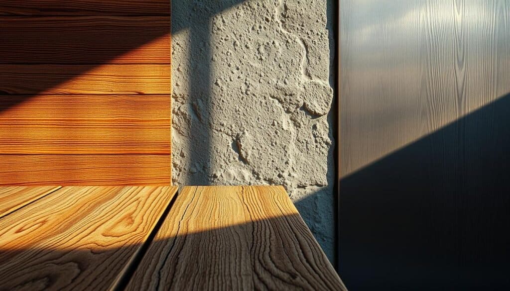 A vibrant collection of material textures, showcasing a harmonious blend of natural and industrial elements. In the foreground, a weathered wooden surface with intricate grain patterns, softly illuminated by warm, directional lighting. In the middle ground, a rugged concrete wall with a subtly pitted surface, casting dynamic shadows that add depth and dimension. The background features a brushed metal panel, its cool metallic sheen contrasting beautifully with the organic textures. The overall atmosphere is one of tactile richness, inviting the viewer to engage with the materiality and find moments of calm focus amidst the visual complexity.