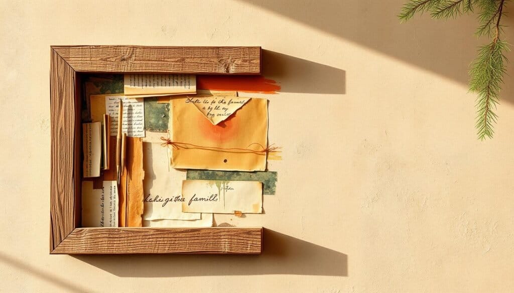 A vibrant mixed media wall art piece showcasing a harmonious blend of textures and colors. In the foreground, a weathered wooden frame serves as the canvas, its natural grain and imperfections adding depth and character. Interwoven within the frame, a collage of repurposed materials - torn pages from vintage books, swatches of fabric, and snippets of handwritten notes - creates a visually captivating tapestry. The middle ground features a mix of acrylic paint brushstrokes in earthy tones, complemented by delicate splatters and drips that add a sense of spontaneity. In the background, a muted gradient backdrop in shades of warm beige and soft gray provides a harmonious setting, allowing the mixed media elements to take center stage. Warm, directional lighting casts subtle shadows, enhancing the textural quality of the artwork. The overall composition exudes a sense of warmth, creativity, and a touch of nostalgia, perfectly capturing the essence of a cherished family moment.