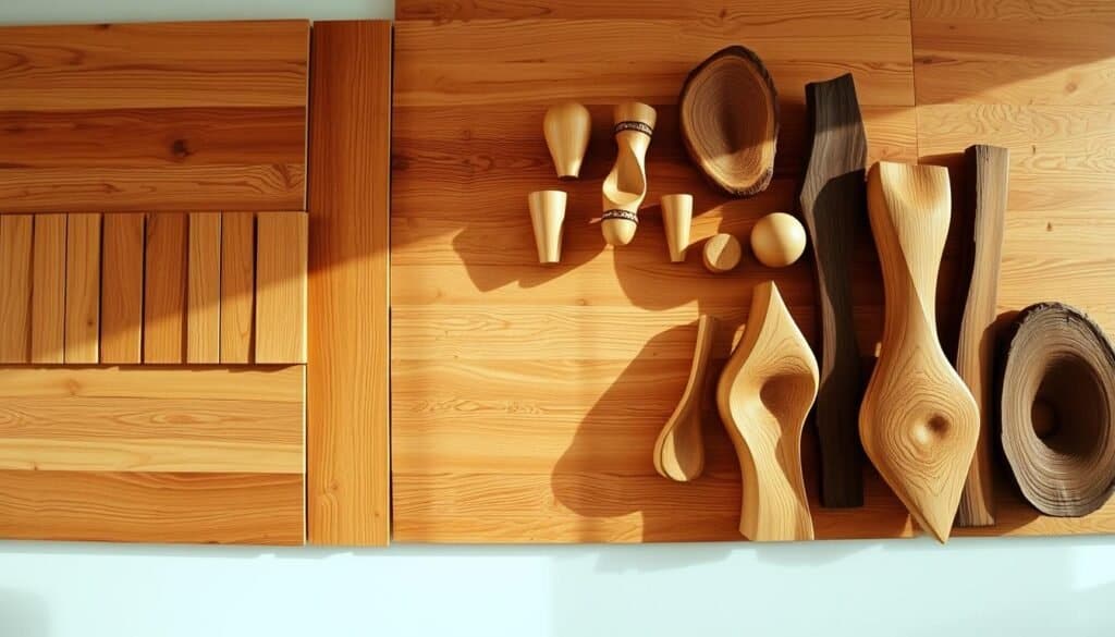 A vibrant, rustic wood wall art display featuring a mix of natural textures and soothing tones. In the foreground, intricate wooden panels with a warm, weathered finish are arranged in a dynamic, asymmetrical pattern. The middle ground showcases handcrafted wooden sculptures, each with its own unique grain and shape, casting gentle shadows across the wall. In the background, a softly-lit, textured wooden surface provides a cohesive and visually-striking backdrop, creating a sense of depth and dimension. The overall composition exudes a sense of artisanal charm and effortless elegance, perfectly complementing the cozy, inviting atmosphere of the space.