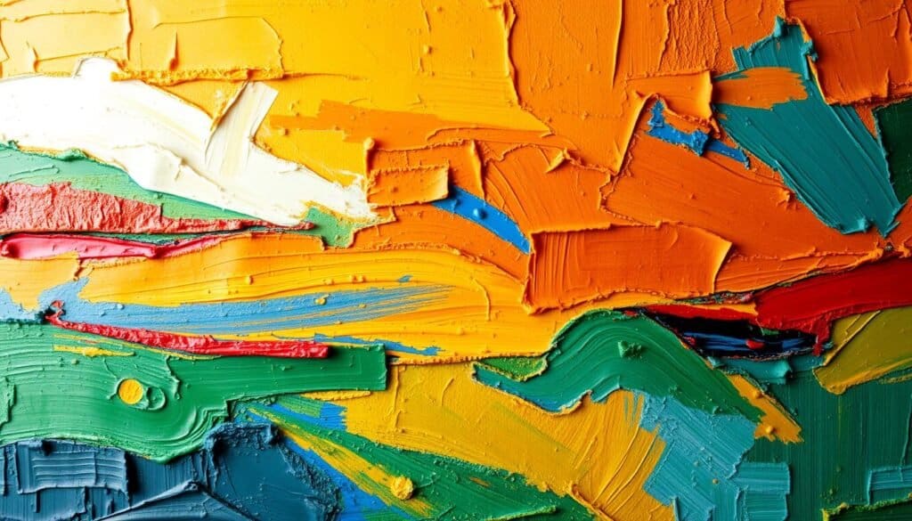 A vibrant, textured wall art piece created with impasto painting technique. The canvas displays bold, expressive brushstrokes in a variety of colors, ranging from rich ochres and earthy siennas to vibrant blues and greens. The thick, sculptural paint creates depth and movement, drawing the viewer's eye across the dynamic surface. Warm, diffuse lighting casts soft shadows, highlighting the tactile, handcrafted quality of the work. The composition is balanced and visually striking, creating a captivating abstract landscape that would make a stunning focal point for any interior space.