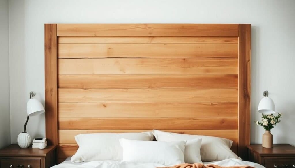 A warm and inviting DIY wooden headboard with a rustic, handcrafted aesthetic. The headboard features a natural wood grain texture, accentuated by subtle distressed details and a soft, muted lighting. The background showcases a cozy, minimalist bedroom setting, with clean white walls and simple decor that allows the headboard to take center stage. The overall composition conveys a sense of tranquility, comfort, and the charm of homemade craftsmanship, perfectly capturing the essence of "Bringing Warmth with DIY Wooden Headboards" in the "Conclusion: Bringing It All Together" section.