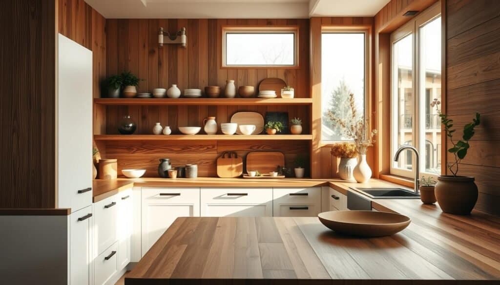 A warm and inviting kitchen interior, softly lit by natural light streaming through large windows. Prominent wood accents create a cozy, rustic ambiance - a smooth, sleek wooden countertop anchors the space, complemented by wooden open shelving displaying artfully arranged ceramics and plants. Textured wood paneling covers the walls, adding depth and character. The wooden elements are balanced by clean white cabinetry and minimalist decor, resulting in a harmonious, Scandinavian-inspired aesthetic. The overall scene evokes a sense of mindfulness and simplicity, perfect for a contemplative meal.