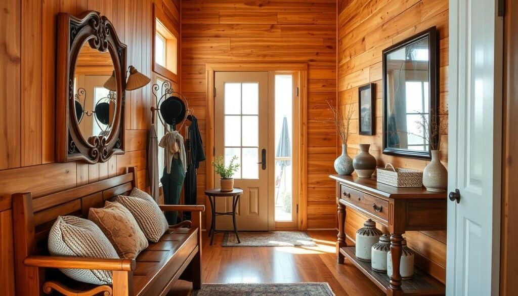 A warm and inviting wood-paneled entryway with a harmonious mix of rustic and modern accessories. In the foreground, a sturdy wooden bench with plush cushions and throw pillows invites visitors to pause and admire the space. Hanging above, a large wooden mirror with intricate carving reflects the natural light streaming through the windows. In the middle ground, a sleek metal coat rack holds an assortment of hats, scarves, and umbrellas, while a small wooden side table displays a potted plant and a decorative lantern. The background features a wooden console table adorned with ceramic vases, framed artwork, and other artful decor, creating a warm, welcoming atmosphere.