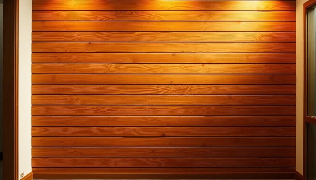 A warm and inviting wood slat wall, featuring natural grains and a rich, golden-brown hue. The wooden planks are meticulously arranged in a horizontal pattern, creating a tactile and visually striking focal point. The lighting is soft and diffused, casting gentle shadows that accentuate the depth and texture of the wood. The wall is positioned in a well-lit entryway, where it serves as a welcoming and visually stunning backdrop, drawing the eye and setting the tone for the space. The overall mood is one of rustic elegance and calm, perfectly complementing the cozy and inviting atmosphere of the entryway.