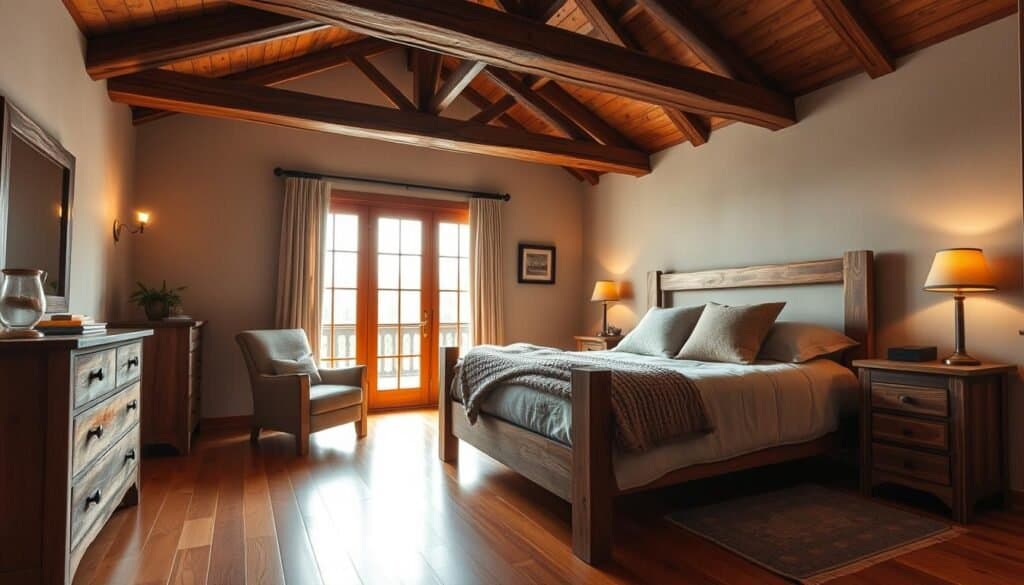 A warm, cozy bedroom bathed in natural light, featuring a handcrafted wooden bed frame with a plush, inviting mattress. Soft, muted linens and a thick knitted throw accent the bed, while a rustic wooden dresser and nightstands provide storage and display space. In the corner, a comfortable armchair nestled next to a floor-to-ceiling window, allowing natural light to filter in and illuminate the space. Wooden beams on the ceiling and hardwood flooring create a cohesive, earthy aesthetic. Subtle ambient lighting from table lamps and sconces casts a gentle glow, enhancing the cozy, relaxing atmosphere.