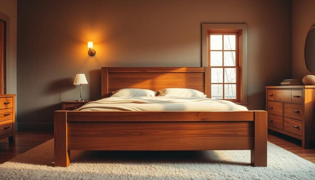 A warm, cozy bedroom with a statement wooden bed frame at its center. The frame is made from rich, dark-stained oak, its clean lines and solid construction commanding attention. Soft lighting from wall sconces and a large window casts a golden glow, highlighting the natural grain and textured surface of the wood. The frame is elevated on a plush, neutral area rug, its simple design allowing the bed to be the focal point. Complementary natural wood nightstands and a dresser flank the bed, creating a harmonious, inviting space. The walls are painted in a soothing, earthy tone, allowing the warm wood tones to shine. This serene, tranquil scene evokes a sense of rustic elegance and comfort.