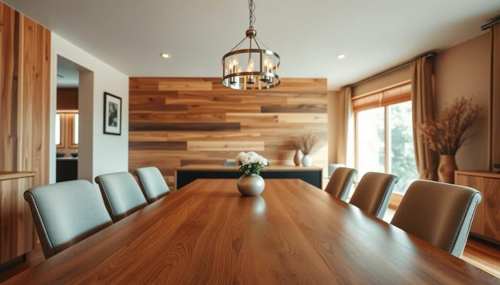 A warm, cozy dining room with a blend of natural wood textures and complementary materials. In the foreground, a wooden dining table with a smooth, polished surface reflects the soft lighting overhead. Surrounding the table, a set of sleek, modern chairs upholstered in a neutral fabric. In the middle ground, a wooden accent wall panels add depth and warmth, blending seamlessly with a minimalist metal and glass chandelier. The background features a large window, allowing natural light to flood the space and highlighting the organic qualities of the wood. The overall atmosphere is one of balance, where the rustic charm of the wood is beautifully accentuated by the clean, contemporary elements, creating a cozy and inviting dining experience.