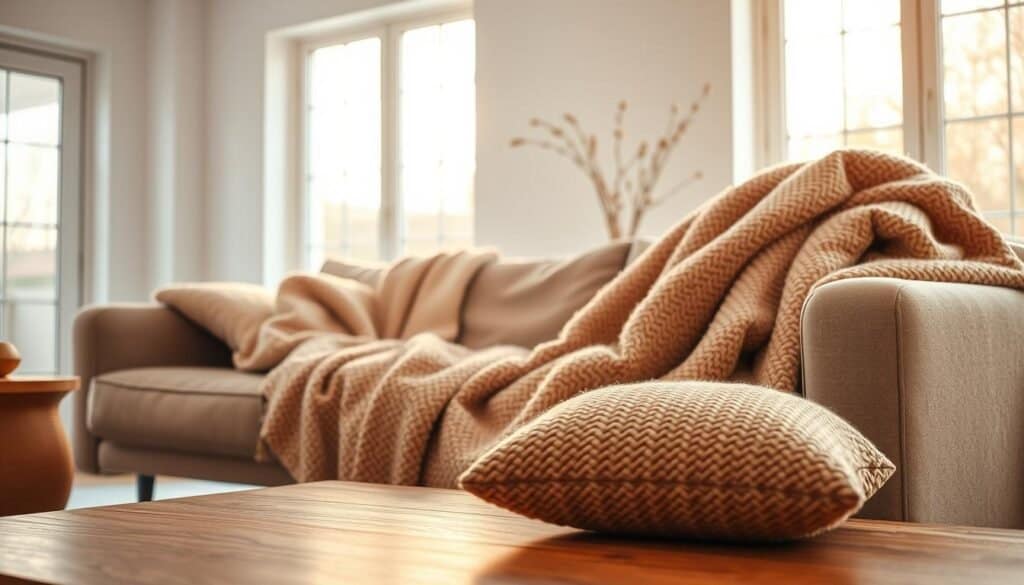 A warm, cozy living room with a plush, textured fabric draped effortlessly over a modern, angular sofa. The fabric cascades in soft folds, its intricate weave catching the gentle, diffused light filtering in through large windows. The room is bathed in a golden, autumnal glow, creating an inviting and soothing atmosphere. In the foreground, a woven throw pillow rests comfortably, its intricate pattern adding depth and tactility to the scene. The middle ground features a polished wood coffee table, its smooth surface contrasting with the lush fabric. In the background, a minimalist, white-walled room hints at the architectural details that have been softened and transformed by the textile elements.