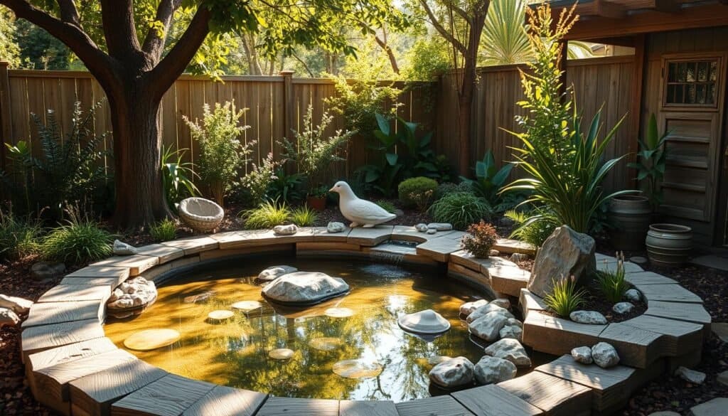A warm, inviting backyard oasis with a rustic wooden DIY pond, surrounded by lush greenery and natural textures. The pond is crafted with weathered wood planks, creating a charming, earthy aesthetic. Sunlight gently filters through the trees, casting a soft, golden glow over the scene. Decorative rocks and aquatic plants adorn the pond's edges, blending seamlessly with the wooden accents. The overall atmosphere is one of serene tranquility, where nature and handcrafted elements come together in perfect harmony.