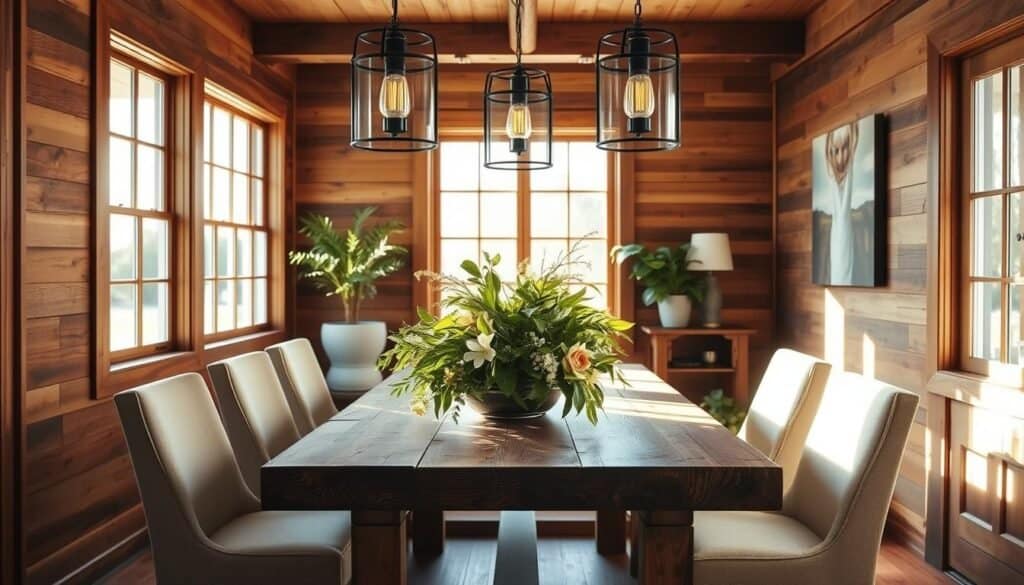A warm, inviting dining room with a contemporary farmhouse aesthetic. Soft, natural lighting filters through large windows, casting a cozy glow on the rich, wood-paneled walls. A rustic, reclaimed wood table takes center stage, surrounded by comfortable, upholstered chairs in neutral tones. Decorative pendant lights hang overhead, their metal frames complementing the room's industrial-chic vibe. Lush, potted greenery and a stunning, floral centerpiece add pops of color and natural elegance. The space exudes an atmosphere of relaxed sophistication, perfect for enjoying memorable meals with loved ones.