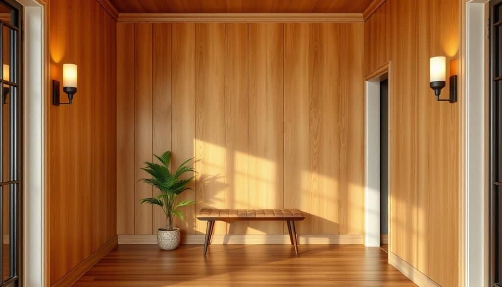 A warm, inviting entryway with a stunning wood accent wall. Smooth, honey-toned oak panels create a tactile, natural vibe. Soft, diffused lighting from sconce fixtures casts a cozy glow, complementing the rich wood tones. The entryway is spacious yet intimate, with a simple bench and potted plant adding organic touches. The floor is a matching hardwood, seamlessly tying the space together. Detailed wood grain and knots are visible, giving the accent wall depth and character. The overall atmosphere is one of comfort, elegance, and a welcoming ambiance.