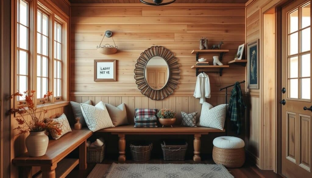 A warm, inviting entryway with a wooden bench and rustic accessories. The bench is adorned with plush cushions and seasonal foliage, creating a cozy, welcoming atmosphere. In the middle ground, a decorative mirror reflects the natural light flooding in from the large windows, adding depth and elegance. The background features natural wood paneling, complemented by a series of framed artwork and wall-mounted storage solutions, creating a harmonious and organized space. The lighting is soft and diffused, casting a gentle glow throughout the entryway. The overall aesthetic is one of refined simplicity, promoting a positive and uplifting mood for anyone entering the home.