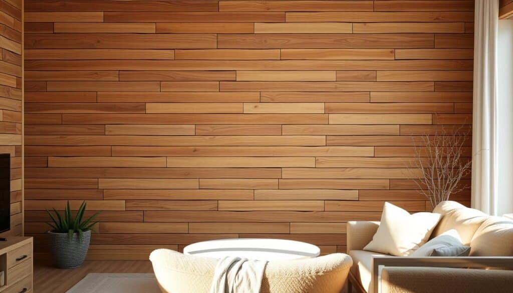 A warm, inviting living room with rustic wooden wall slats in a natural, earthy tone. The slats are arranged in a horizontal pattern, creating a soothing, textural backdrop. The lighting is soft and diffused, casting gentle shadows that accentuate the wood grain. In the foreground, a cozy seating area with plush, neutral-colored furnishings invites relaxation. The room has an overall sense of tranquility and balance, reflecting the calming essence of natural wood tones.