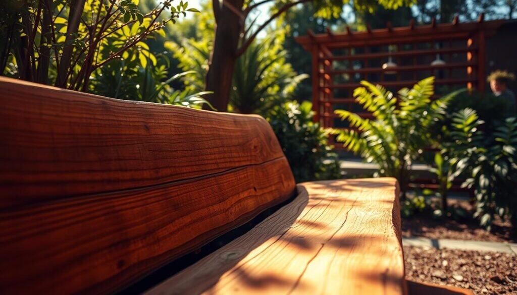 A warm, inviting outdoor scene featuring a beautifully crafted wooden bench nestled amongst lush greenery. Sunlight dapples through the surrounding trees, casting a golden glow on the weathered, textured surface of the bench. The rich, natural grain of the wood stands in contrast to the vibrant foliage, creating a harmonious blend of organic elements. In the background, a subtle hint of a wooden trellis or arbor adds depth and a sense of enclosure, further enhancing the cozy, intimate atmosphere. The overall composition evokes a sense of tranquility and a desire to linger and soak in the serene ambiance of this meticulously designed outdoor oasis.