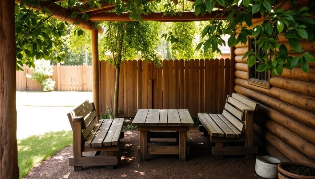 A warm, inviting wooden seating area nestled in a lush garden. Earthy tones and natural textures create a cozy, rustic ambiance. Weathered wooden benches surround a low table, inviting visitors to relax and enjoy the tranquil outdoor setting. Dappled sunlight filters through the canopy of verdant foliage, casting a gentle glow across the scene. The background features a well-maintained lawn leading to a wooden fence, subtly framing the serene gathering space. The overall composition suggests a harmonious blend of nature and crafted elements, evoking a sense of comfort and relaxation.