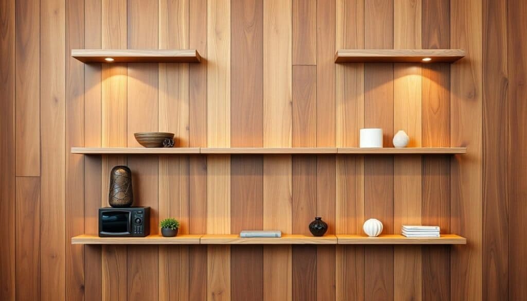 A warm, inviting wooden wall with custom-designed floating shelves. Organic, natural grain patterns and rich, earthy tones create a cozy, minimalist aesthetic. Perfectly spaced shelves display decorative accents and personal items, evenly distributed for a balanced, clutter-free look. Soft, diffused lighting casts subtle shadows, highlighting the shelves' elegant simplicity. A harmonious composition that effortlessly blends form and function, drawing the eye to the beautiful, functional design.