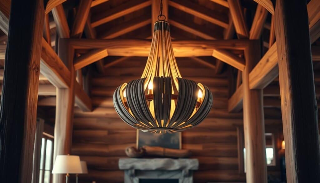 A warm-lit, rustic wooden chandelier hangs gracefully in the center of a cozy living room. Intricate, handcrafted wooden beams and posts frame the scene, casting soft shadows. The wooden fixture's organic silhouette is illuminated by a gentle, inviting glow, radiating a natural warmth throughout the space. Textured wooden floors and walls provide a natural, earthy backdrop, complementing the overall rustic ambiance. The lighting casts a soft, diffused illumination, creating a welcoming and intimate atmosphere perfect for a cozy evening at home.