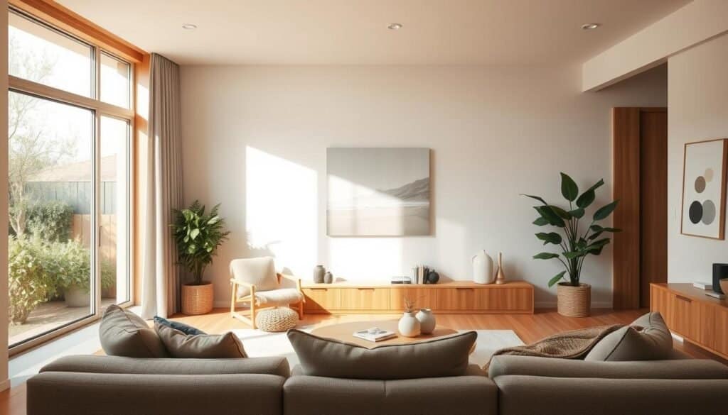 A warm, minimalist living room with natural wood accents and soft lighting. A large window overlooks a cozy garden, letting in gentle sunlight. The space is uncluttered, with a neutral color palette and clean lines. Comfy seating invites relaxation, while carefully placed décor elements create a sense of balance and harmony. The atmosphere is calming and introspective, reflecting the psychology of home design and its impact on one's well-being.
