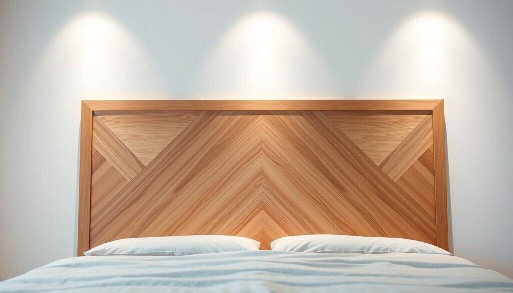 A warm, minimalist modern geometric wooden headboard featuring clean lines, angular patterns, and a natural wood grain texture. The headboard is positioned against a white wall, illuminated by soft, diffused lighting from both sides, creating depth and highlighting the intricate woodwork. The overall composition emphasizes simplicity, functionality, and a touch of rustic elegance, suitable for a contemporary bedroom design.