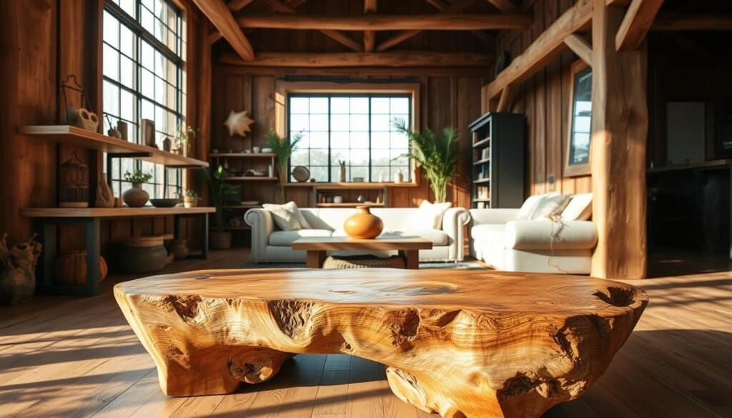 A warm, rustic driftwood interior with natural textures and earthy tones. In the foreground, a stunning handcrafted coffee table from "The Sawdust Man" features intricate wood grains and organic curves. The middle ground showcases a mix of weathered wooden shelves displaying artisanal decor and greenery, casting soft shadows. The background reveals a large window, allowing natural light to pour in and illuminate the space. Wooden beams and paneling add depth and character, evoking a cozy, cabin-like ambiance. The overall scene embodies the essence of bringing the outdoors in, seamlessly blending nature and modern design.