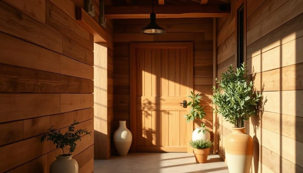 A warm, rustic entryway featuring natural wood accents. Rough-hewn wooden planks line the walls, their grain and texture adding depth and character. Scattered among the wood, delicate ceramic vases and earthy terracotta pots hold lush greenery, casting soft shadows. Overhead, a simple wooden beam supports a minimalist light fixture, casting a gentle glow that highlights the natural tones and patterns of the wood. The scene exudes a cozy, inviting atmosphere, perfect for welcoming guests into a comforting, nature-inspired space.