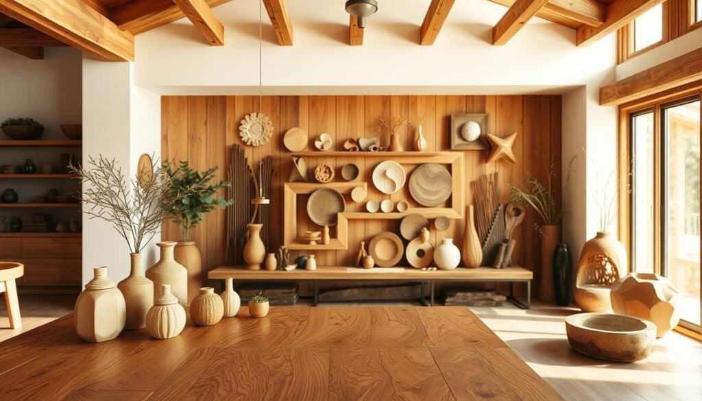 A warm, rustic interior space bathed in natural light, featuring a carefully curated arrangement of natural wood décor elements. In the foreground, a beautifully grained wooden table or bench, its surface adorned with a carefully selected assortment of decorative items such as vases, candles, and small potted plants. The middle ground showcases a prominent wooden wall feature, perhaps a wooden accent wall or shelving unit, displaying an artful display of wooden décor pieces, from intricate carvings to smooth, minimalist shapes. The background reveals a serene, earthy palette, with wooden ceiling beams or exposed wooden structural elements adding depth and character to the space. The overall scene exudes a sense of warmth, tranquility, and the healing, grounding power of natural wood in home design.