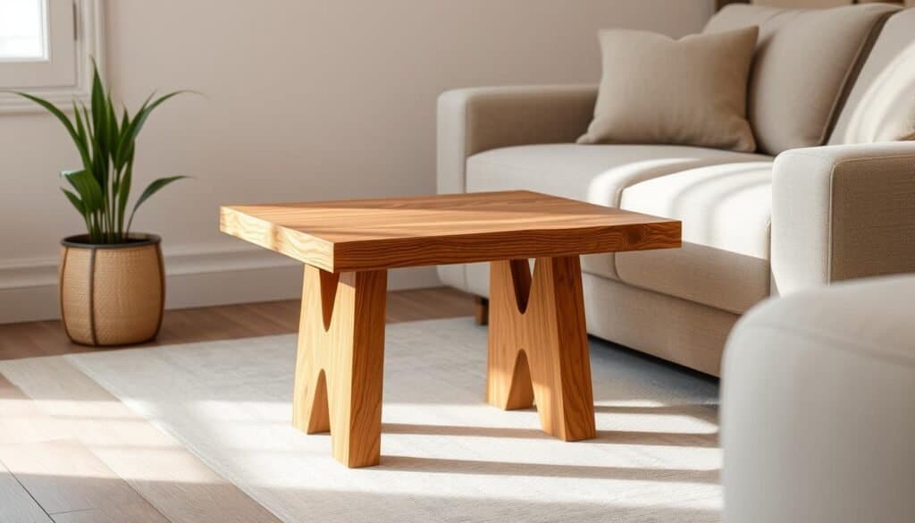 A warm, rustic wood accent table standing in a cozy living room, its natural grain and smooth finish reflecting the soft lighting. The table is positioned against a neutral-toned wall, creating a focal point for the space. Nearby, a plush, comfortable sofa invites relaxation, while a potted plant adds a touch of greenery. The overall atmosphere is one of calm and sophistication, the wood accent table seamlessly blending form and function.