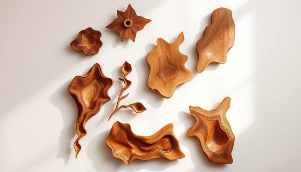 A warm, rustic wood wall art piece with organic patterns and textures, featuring a natural, eco-friendly design. Hanging on a white wall, the intricate wooden sculptures cast gentle shadows, creating a serene, minimalist atmosphere. Soft, diffused lighting from above highlights the grain and tones of the sustainably-sourced materials. The composition is balanced and visually appealing, embodying the beauty of natural, handcrafted decor that complements a modern, environmentally-conscious lifestyle.