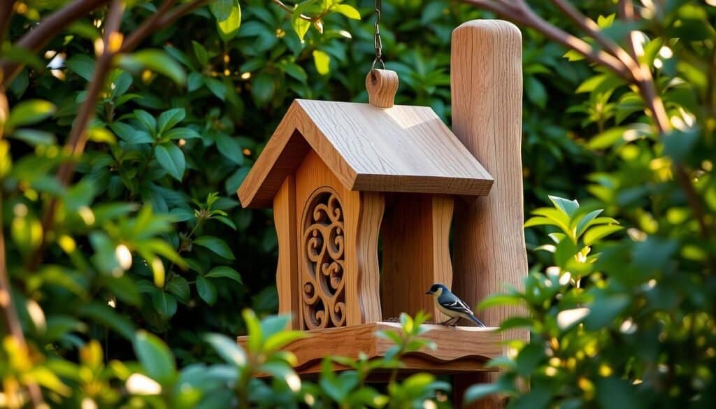 A warm, rustic wooden bird feeder nestled among lush greenery, with intricate carved details and a natural finish that blends seamlessly into the backyard landscape. The feeder is positioned at an angle, capturing the soft, golden light of the afternoon sun, creating a cozy, welcoming atmosphere that beckons birds to explore and dine. The scene is framed by a dense, verdant foliage backdrop, hinting at the vibrant wildlife that the feeder aims to attract. The composition is balanced, with the feeder taking center stage, inviting the viewer to imagine the joyful activity of feathered visitors fluttering around this charming, handcrafted accent piece.