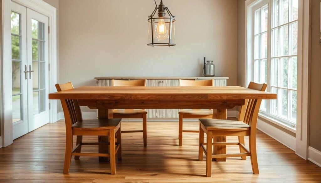 A warm, rustic wooden dining table with a weathered, natural finish sits in a cozy, inviting room. The tabletop is made of solid oak planks, with a slightly distressed, lived-in appearance. The table is surrounded by four matching wooden chairs, their sturdy frames and cushioned seats suggesting comfort and functionality. Soft, diffused lighting from a vintage-style pendant fixture above the table creates a comforting ambiance, while large windows allow natural light to filter in, illuminating the room's earthy tones. The overall scene conveys a sense of timeless elegance and homely charm, perfect for gathering family and friends around a beautifully crafted wooden dining table.