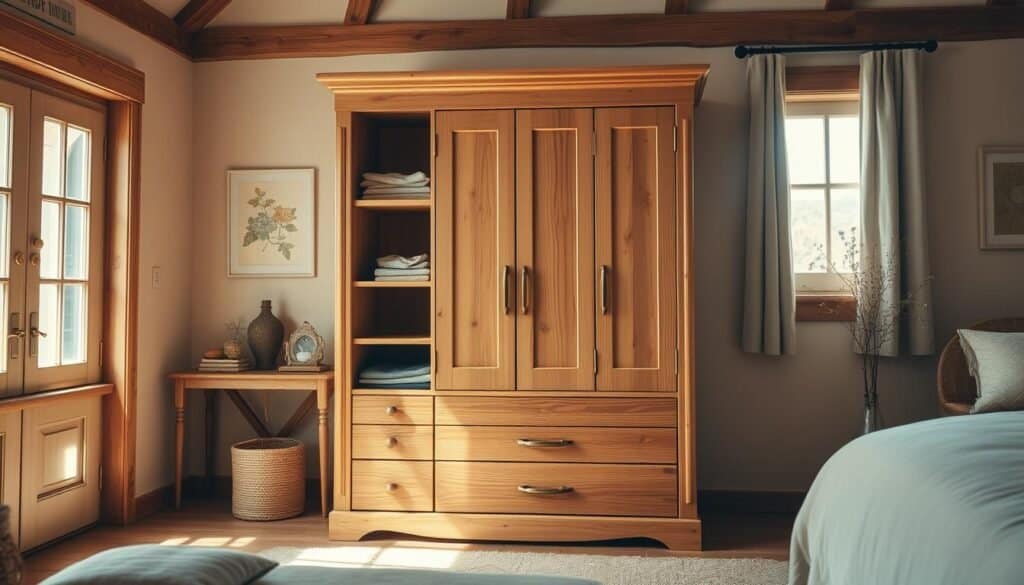 A warm, rustic wooden wardrobe set against a cozy bedroom backdrop. Sunlight streams through a large window, casting a soft glow on the handcrafted piece. The wardrobe features clean lines, natural wood grains, and a minimalist design, blending seamlessly with the room's decor. Shelves and drawers offer ample storage space, while the overall aesthetic exudes a sense of timeless charm and personal craftsmanship. The scene evokes a feeling of tranquility and a touch of homely comfort.
