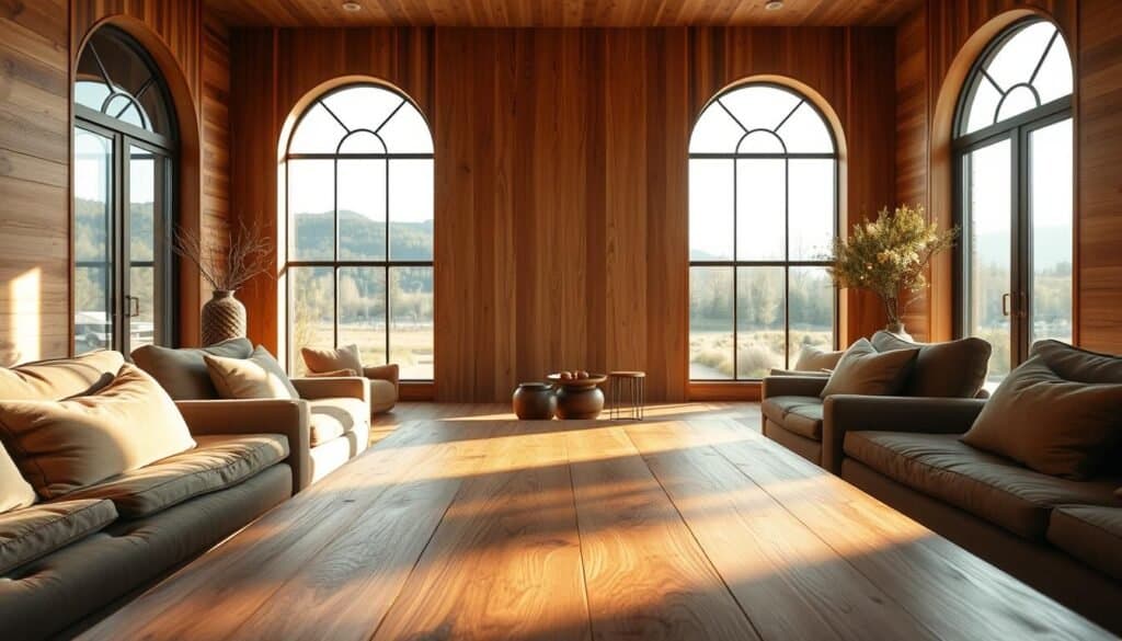 A warm, sun-drenched living space featuring a central wooden statement piece. In the foreground, a meticulously crafted wood table, its natural grain and texture inviting touch. Surrounding it, plush seating in muted earth tones, creating a cozy, relaxing ambiance. The middle ground showcases a stunning wooden feature wall, its intricate patterns and hues casting a gentle glow. Tall, arched windows in the background frame a serene outdoor landscape, seamlessly blending the indoors and out. Soft, diffused lighting accentuates the natural warmth and beauty of the wood, evoking a sense of tranquility and balance. A high-resolution, cinematic photograph captured with a wide-angle lens to showcase the harmonious integration of natural wood within the modern home design.