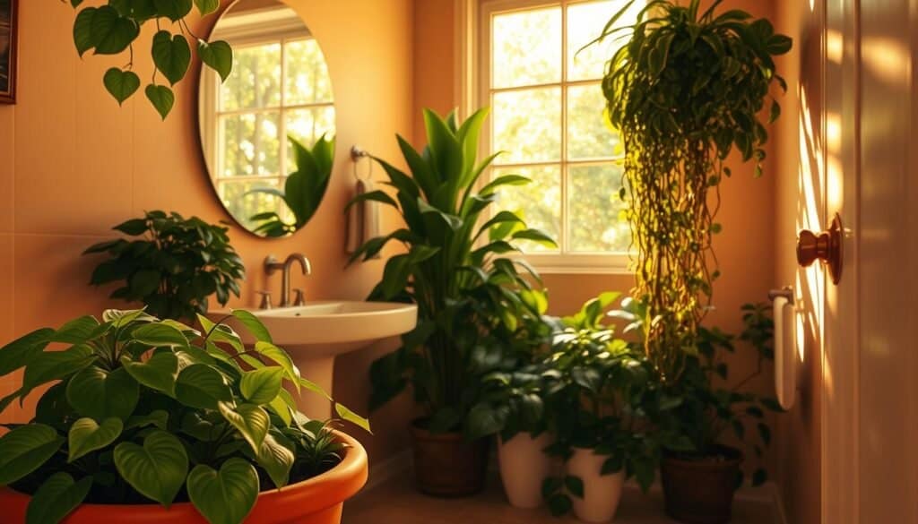 A warm, sun-lit bathroom adorned with lush, verdant foliage. In the foreground, a terracotta planter overflows with cascading philodendrons, their vibrant green leaves gently swaying. Midground, a sleek pedestal sink is flanked by tall, stately ZZ plants and a bushy, trailing pothos, their waxy leaves reflecting the soft, golden light. In the background, a large window frames a view of greenery outside, casting a natural, ambient glow throughout the space. The overall mood is one of tranquility and rejuvenation, creating a true oasis of botanical beauty within the private confines of the bathroom. A warm, sun-lit bathroom adorned with lush, verdant foliage. In the foreground, a terracotta planter overflows with cascading philodendrons, their vibrant green leaves gently swaying. Midground, a sleek pedestal sink is flanked by tall, stately ZZ plants and a bushy, trailing pothos, their waxy leaves reflecting the soft, golden light. In the background, a large window frames a view of greenery outside, casting a natural, ambient glow throughout the space. The overall mood is one of tranquility and rejuvenation, creating a true oasis of botanical beauty within the private confines of the bathroom.