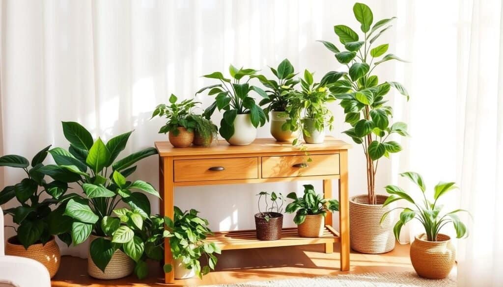 A warm-toned wooden console table stands prominently in a cozy, sun-filled room. Vibrant, lush indoor plants in a variety of shapes and textures flank the table, their verdant foliage creating a harmonious contrast against the rich wood grain. Soft, diffused lighting filters through sheer curtains, casting a gentle glow and emphasizing the natural tones of the materials. The overall scene evokes a sense of serenity and connection with nature, perfect for complementing the section on finding the ideal wood tone pairing for indoor plants.