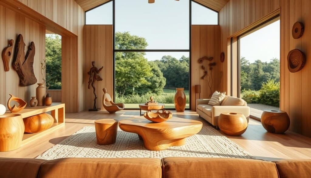 A warm, well-lit living room filled with natural wood forms that seamlessly blend the indoors and outdoors. Smooth, organic curves of a wooden coffee table and end tables, their grain patterns reflecting the soft light. Scattered throughout, handcrafted wood sculptures and wall-hung décor pieces, each with its own unique shape and texture. A large, floor-to-ceiling window frames a lush, verdant landscape outside, creating a sense of tranquility and connection to nature. The overall atmosphere is one of simplicity, warmth, and a harmonious integration of natural and manmade elements.