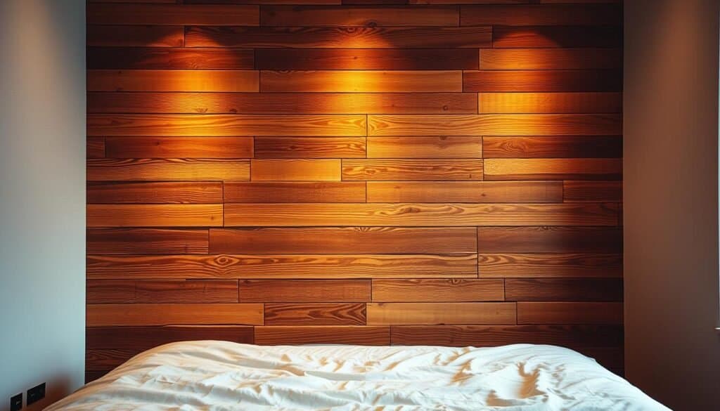 A warmly lit, rustic barnwood wall in a cozy bedroom setting. Weathered, textured planks in hues of amber and mahogany create a rich, natural backdrop. Soft, even lighting casts gentle shadows, highlighting the grain and character of the wood. The wall stretches across the frame, filling the middle ground, with a minimal, uncluttered foreground and background to allow the wood to be the focal point. An intimate, inviting atmosphere, perfect for a serene, relaxing space.