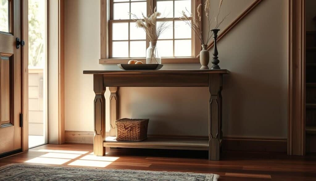 A weathered wooden entryway table stands in a cozy, rustic foyer, its distressed surface catching the soft, natural light filtering in through a nearby window. Decorative accents like a simple vase with dried flowers and a candle holder add warmth and character. The table's sturdy yet elegant design blends seamlessly with the earthy tones and natural textures of the surrounding space, creating a welcoming first impression. A wide-angle lens captures the inviting scene, showcasing the table's prominent placement and the overall sense of rustic charm.