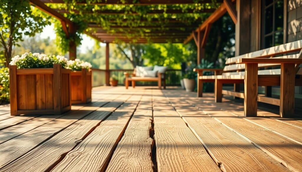 A weathered wooden patio, its surface textured with the passage of time. Sunlight filters through overhead trellises, casting warm, dappled shadows. In the foreground, wooden planters and rustic benches stand ready to weather the elements, their surfaces treated with a clear, protective sealant. In the background, a gentle breeze rustles the leaves of lush greenery, creating a serene, nature-inspired atmosphere. The camera captures the scene in sharp, high-resolution detail, highlighting the intricate grain patterns and subtle hues of the wood.